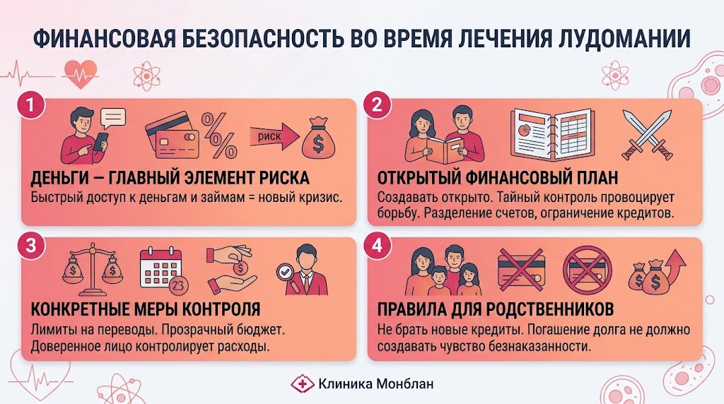 Четырехпанельная медицинская инфографика в бело-розовых тонах от клиники Монблан, подробно описывающая шаги по обеспечению финансовой безопасности при лечении лудомании, включая управление рисками, открытое планирование, меры контроля и правила для родственников